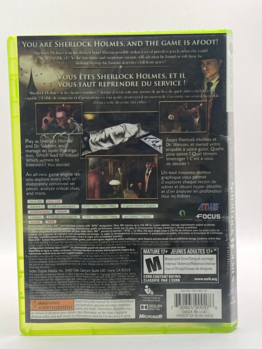 The Testament of Sherlock Holmes CL01 (CIB) Xbox 360
