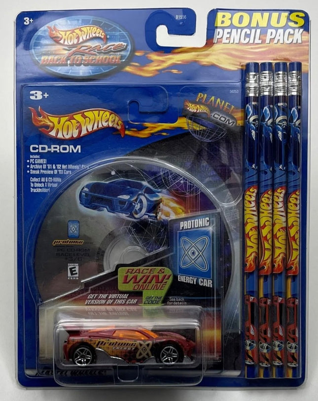 2002 Hot Wheels Race Back To School CD-ROM + Pencils Protonic Energy Car - New - Toys And Collectibles